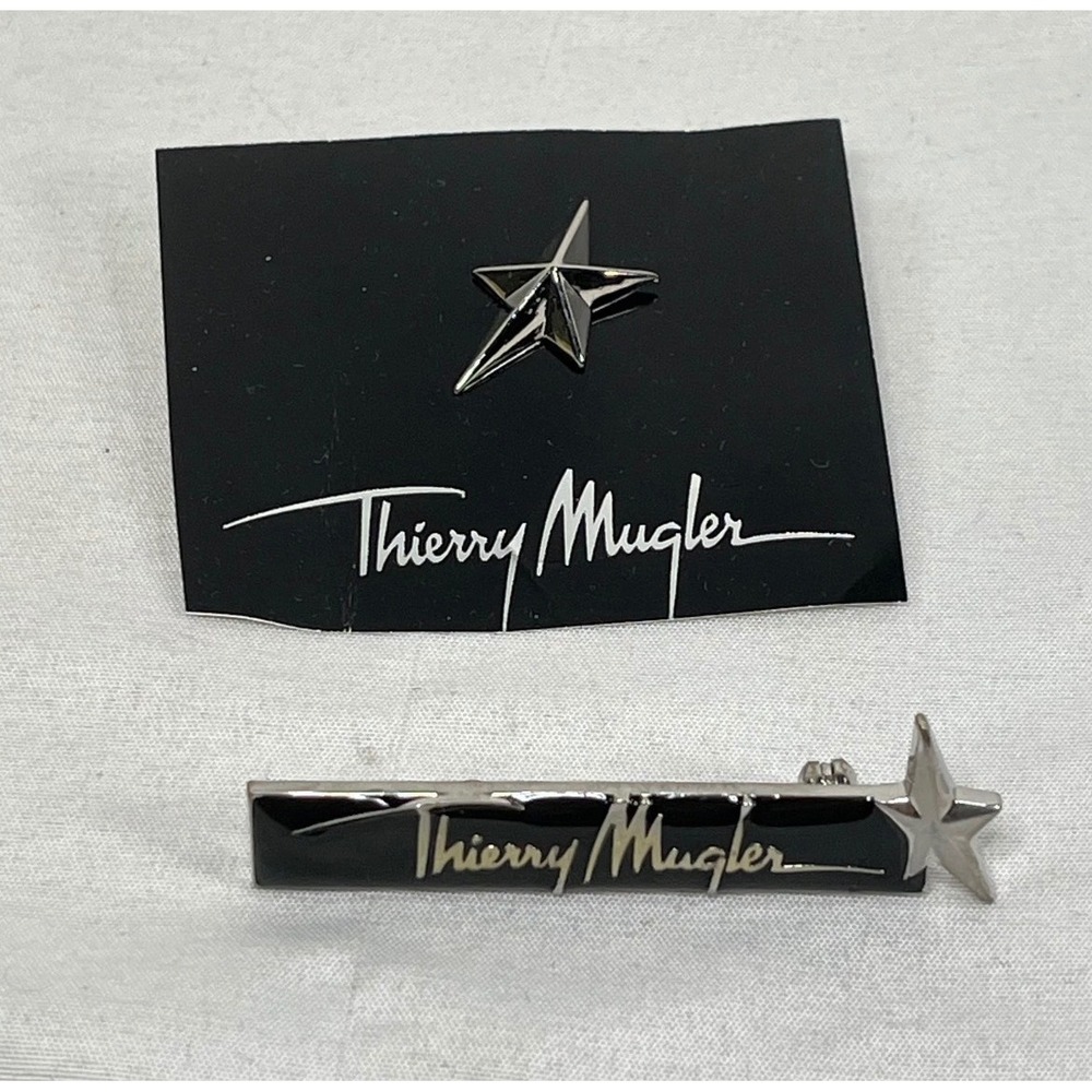 Thierry Mugler Star Pin and Logo Bar Brooch Set Silver Tone Black Enamel Vintage